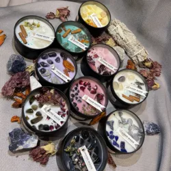 Low MOQ handmade scented soy wax tarot spiritual healing tin unique crystal candles with crystals