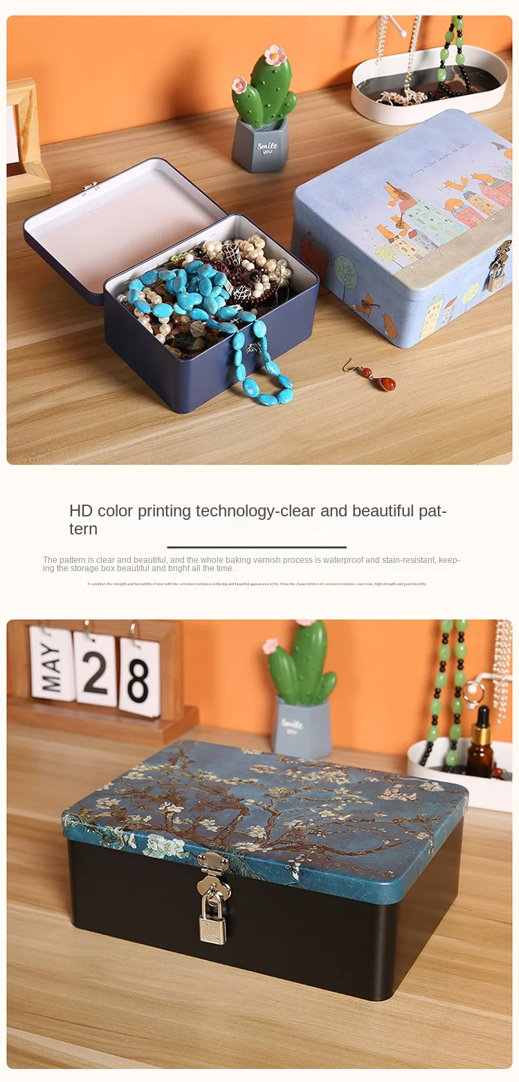 Retro Color Box With Lock And Key Metal Iron Desktop Storage Box Cosmetic Card Jewelry Home Desktop Drawer Small Box With Lid