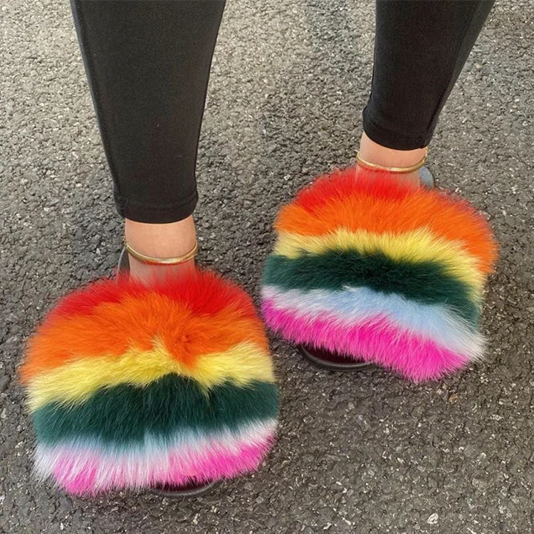 
Non-Slip PVC Sole Fluffy Ladies Slippers And Sandals Open Toe Women Furry Real Fox Fur Slides 