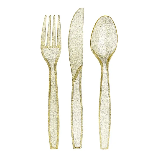 
 Одноразовый нож, пластиковая вилка и ложка, блестящие столовые приборы для вечеринки и пикника  