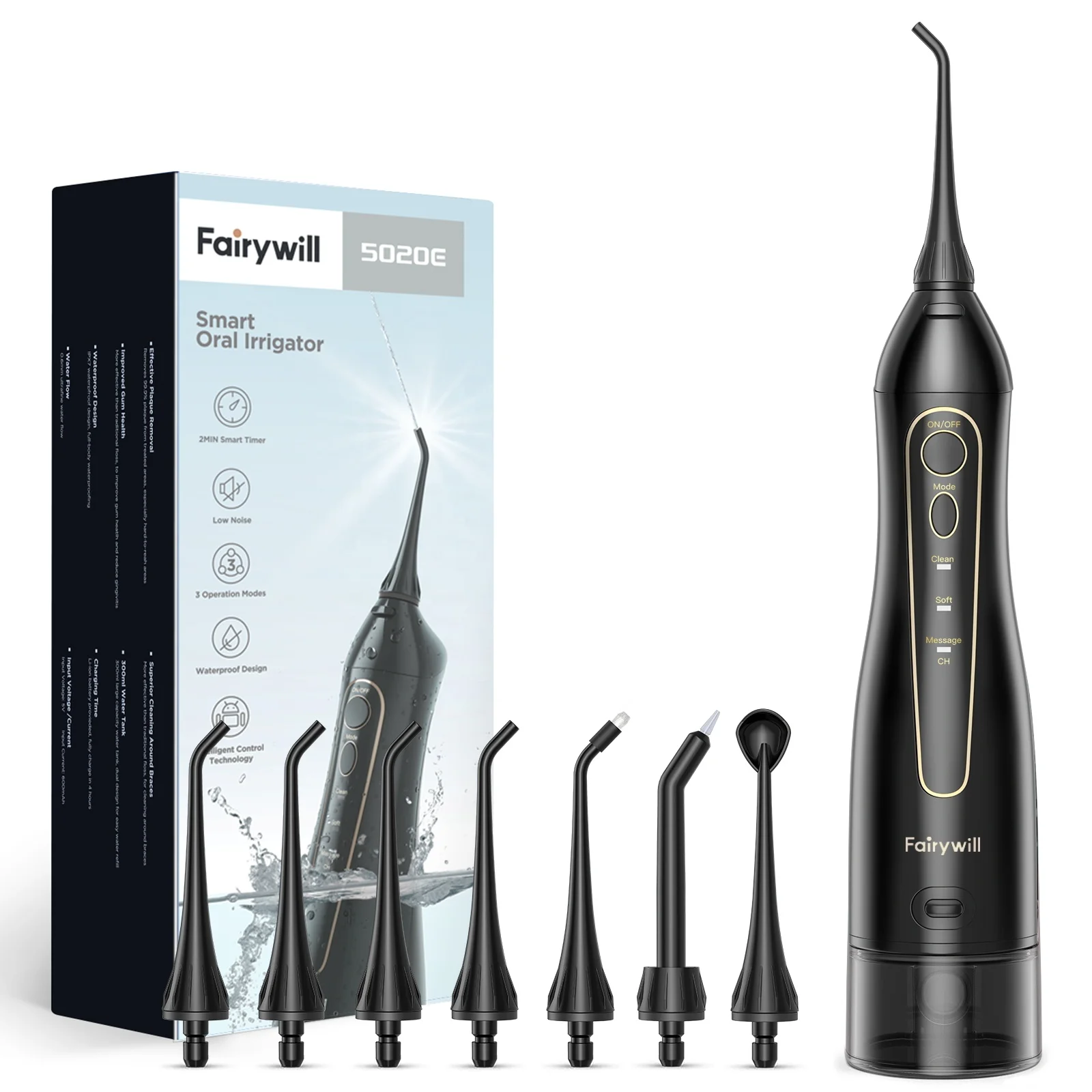 Fairywill FW 5020E Fair Will Dental Oral USB Rechargeable Electric Irrigator Water Flosser Port Jet with Multifunctional Nozzle