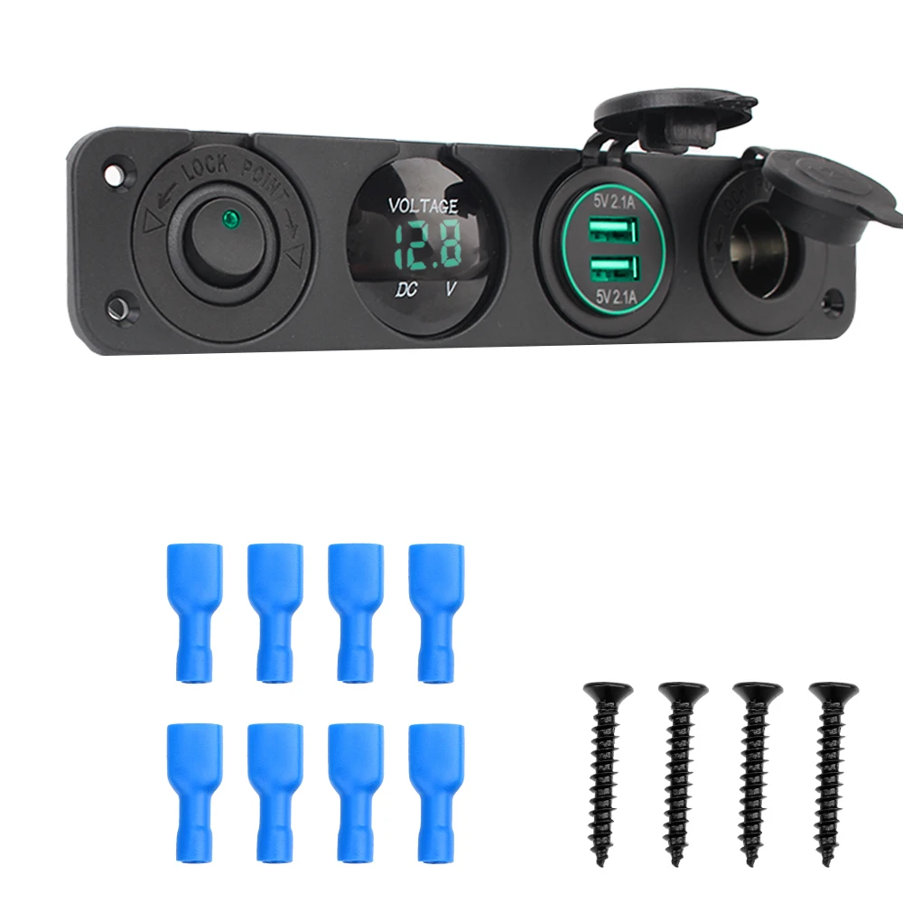 Red LED 4 In 1 Car Cigarette Lighter 12V Power Socket Dual USB Power Charger With Rocker Switch Interior Parts