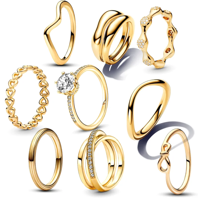 New 925 Sterling Silver Infinity Knot Polished Wave Organically Shaped Stacking Sparkling Golden Rings Original Pan Jewelry Gift