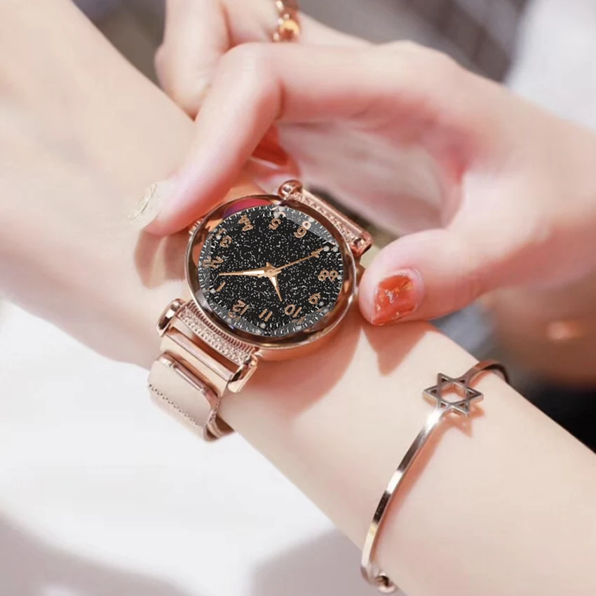
Fashion Women Watches Luminous Luxury Elegant Magnet Buckle Ladies Wristwatch Rose Gold New Starry Sky Rhinestone Clock Relogio 