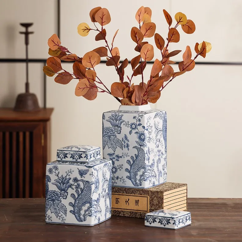 European blue and white round parrot ceramic canister set porcelain china mini flower vase