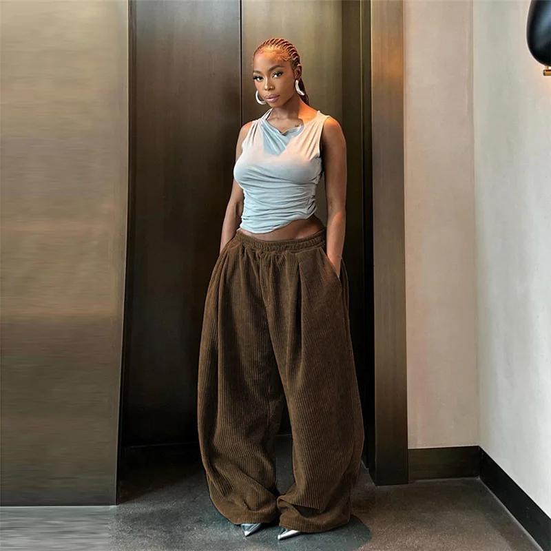 2023 Fashionable Streetwear High Waist Straight Women Pants Casual With Pocket Stretchable Loose Wide Leg Pants Women