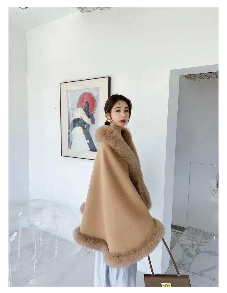 OFTBUY 2021 New Luxury Winter Jacket Women Ponchos Natural Real Fox Fur Collar Cashmere Wool Blends Coat Warm Fashion Outerwear