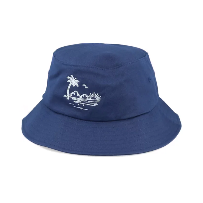 High Quality Character Palm Beach Sunset Navy Bucket Hats Custom Embroidery Logo Bikini Sun Protection Hat For Men And Children