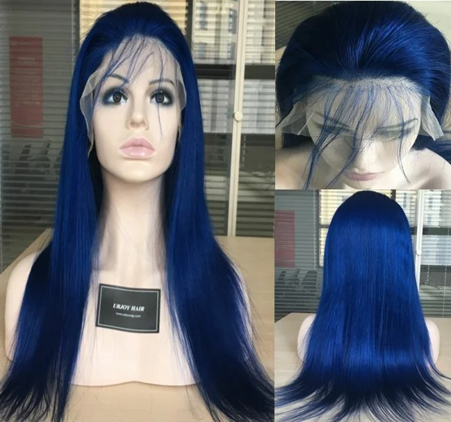 Blue Color Silk Straight 100 Human Hair Brazilian Virgin Hair Celebrity Wigs Lace Front wig for Black Woman Free Shipping