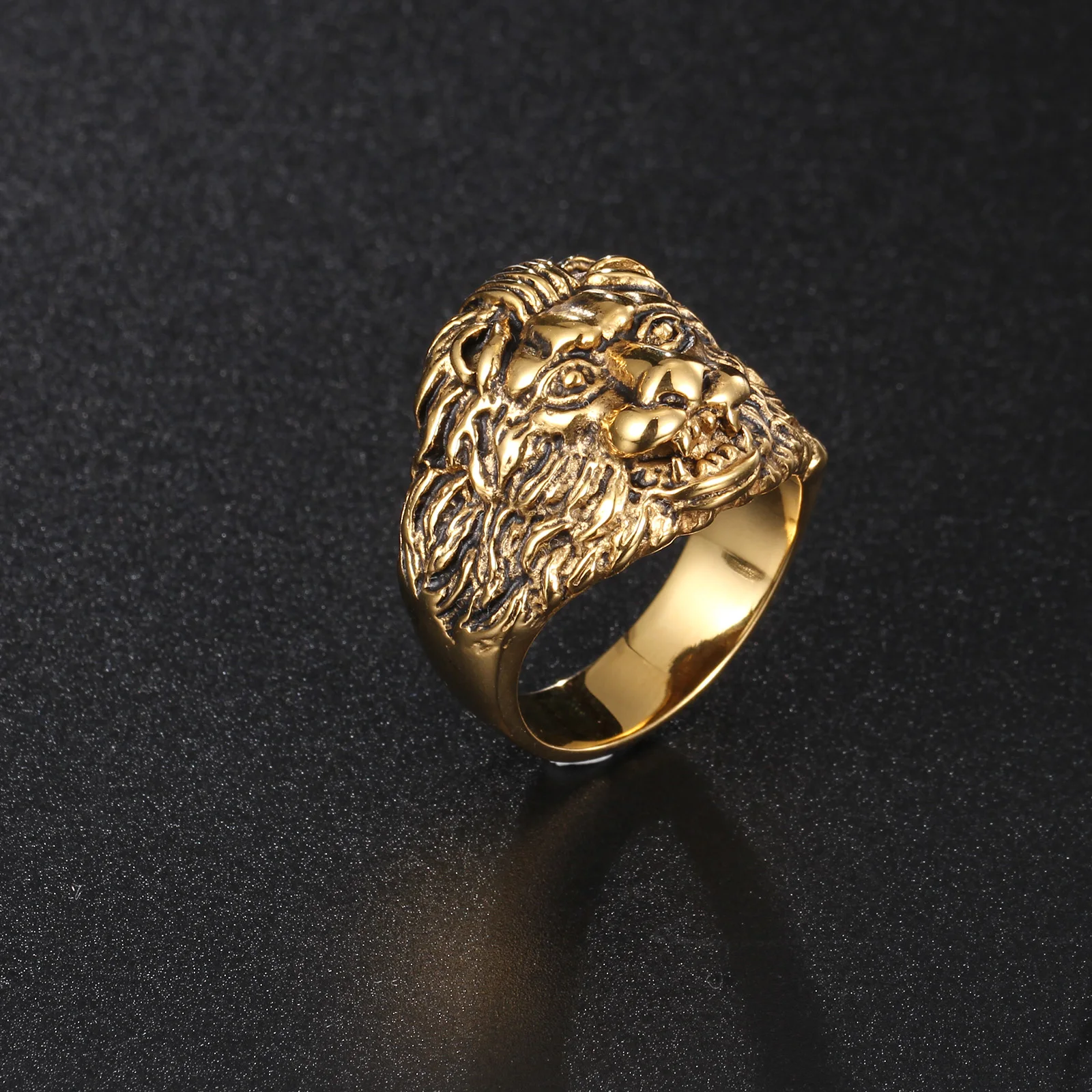 Stylish Plated 18K Gold Biker Finger Lion Head Ring, Wholesale Stainless Steel Lion Head Men Ring#