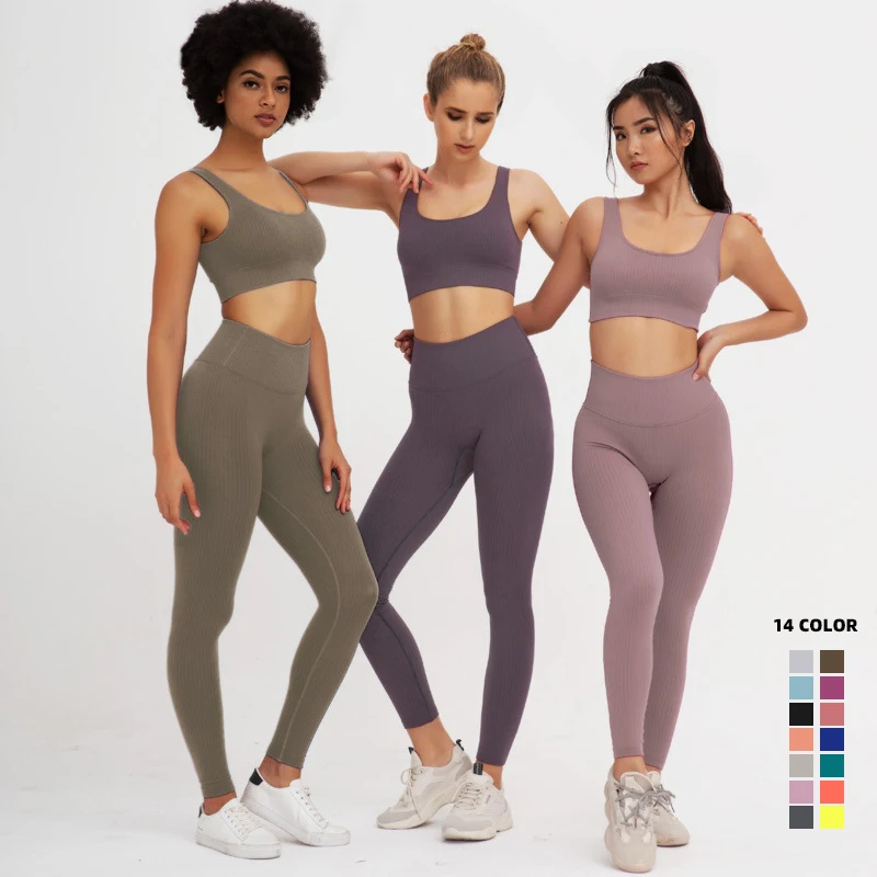 Hot Sell Athletic Essential Breathable Yoga Lounge Gym Wear Two Piece Workout Sports Bra Women Active Wear Ribbed Yoga Set
