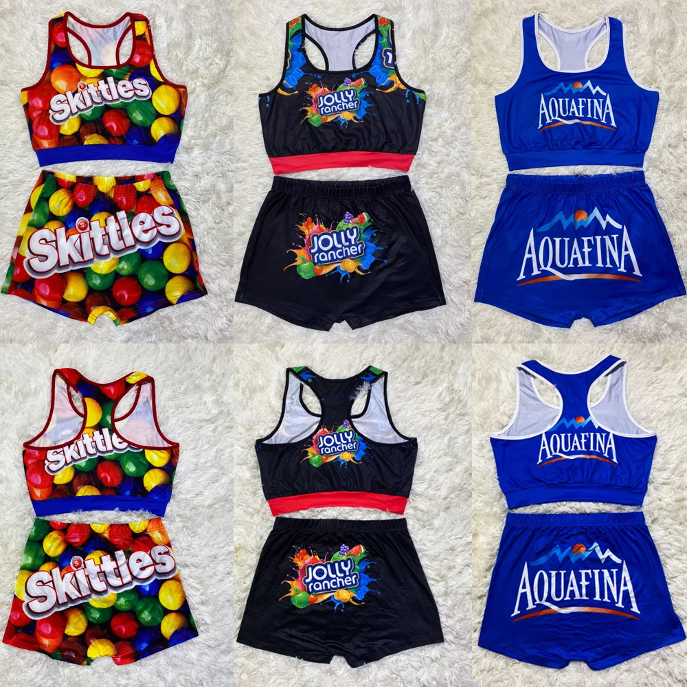 Wholesale Casual Cartoon Printing Thicker Than A Snicker Sports Bra And Biker Shorts Set Snack Shorts Set