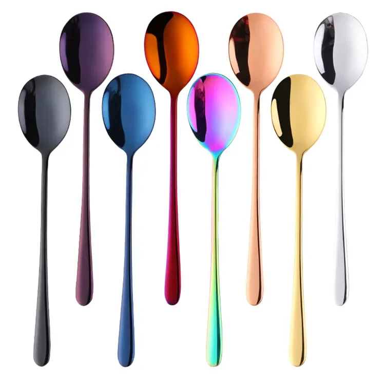Wholesale Korean Style Titanium Stainless Steel Rice Gold Long Handle Round Soup Spoon