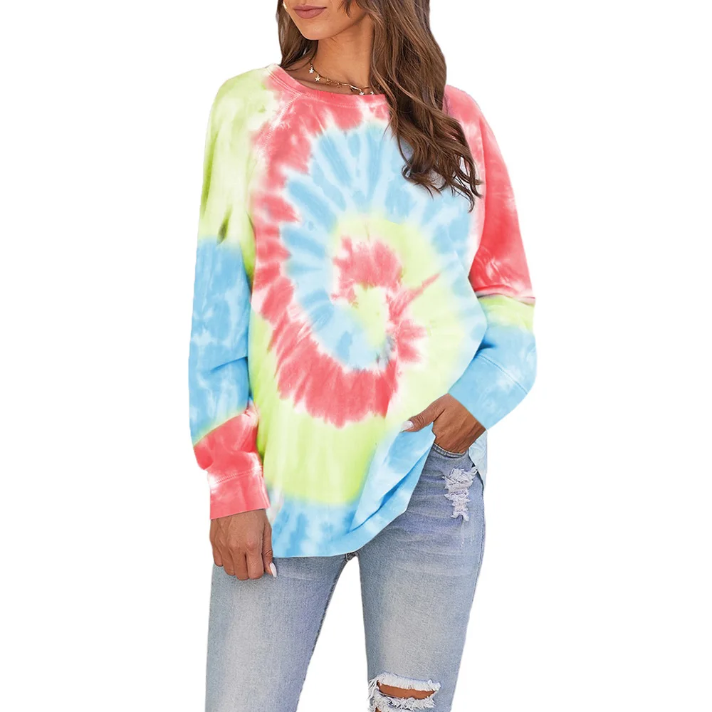 High Quality Long Sleeve Women Hoodie Spring Casual Irregular Round Neck Blouse Womens Tie Dye Sweatshirt