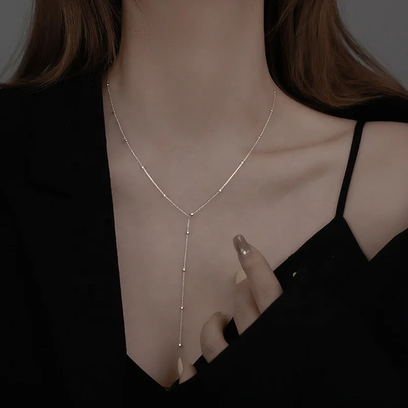18k gold Simple round bead long chain necklace low-cut sexy cold wind collarbone chain light luxury niche design necklace