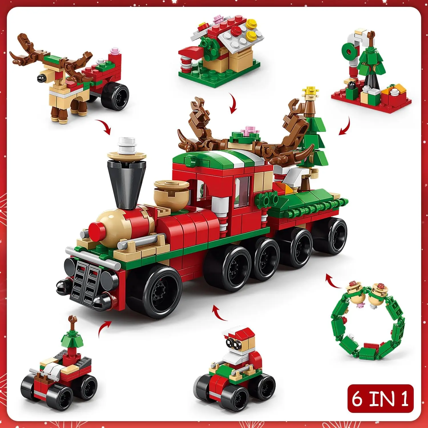 Christmas Gingerbread House 2023 Mini Xmas Tree Building Block Set Creative Train 6-in-1 Ornament Toys Kits Bricks for Kids