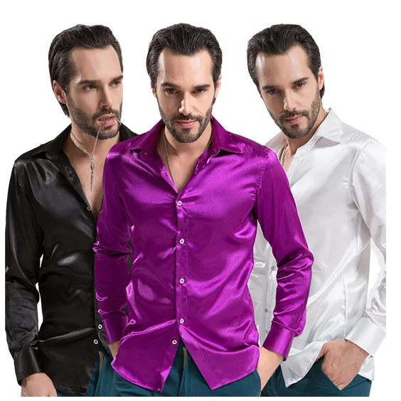 Luxury Shiny Silky Satin Dress Shirt Fashion Silk Long Sleeve Mens Casual Shirts wedding dress Performance Stage Wear Clothing