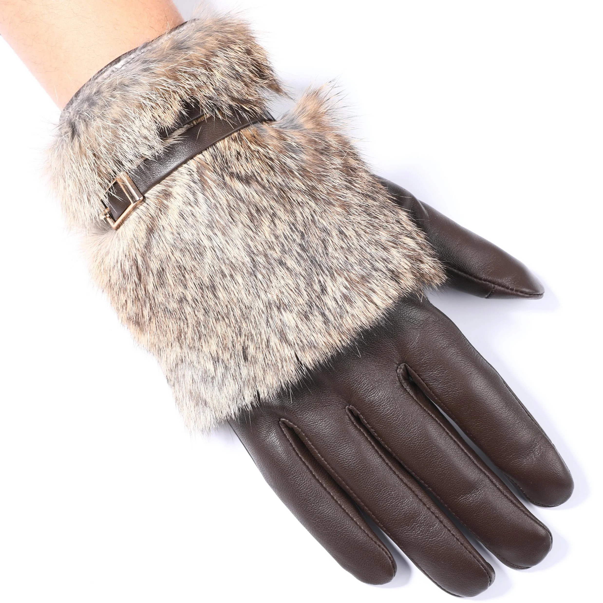Luxury Imported Real Rabbit Fur Leather Gloves Women Black Sheepskin Genuine Leather Winter Thick Warm Gloves