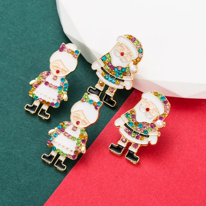 Fashion Christmas Jewelry Santa Claus Stud Earrings Metal Alloy Pearl Colorful Diamond Santa Grandpa and Grandma Drop Earrings