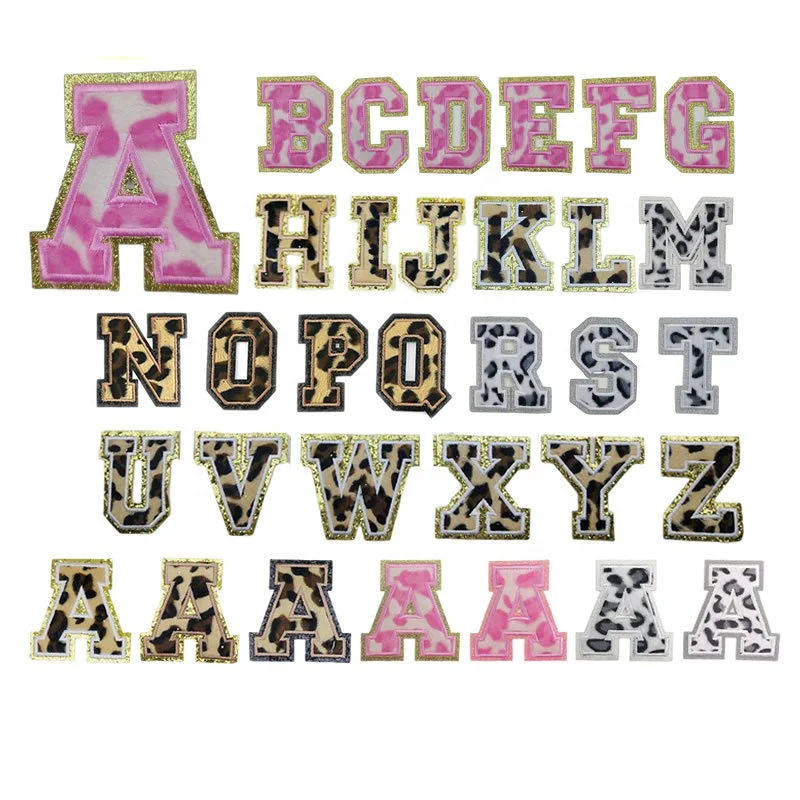 Pink Leopard print glitter letter patches Clothes Cheetah chenille patch letters A-Z iron on letter patches