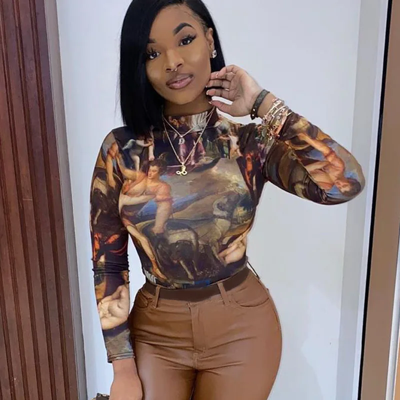 В винтажном стиле; Сезон осень модная угол печати комбинезон с длинным рукавом Тонкий Топ для женщин на спине для женщин