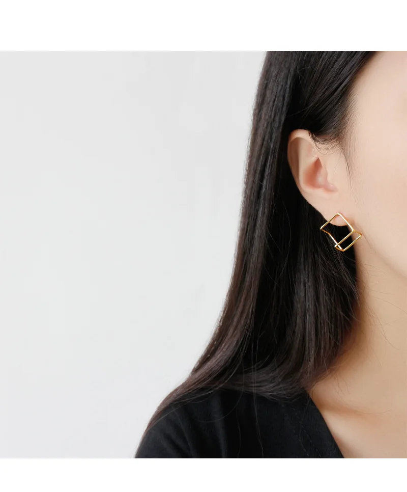 LANDY Fashion S925 Sterling Silver Simple Geometric Square Hollow Earrings