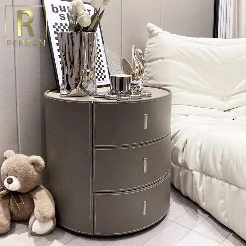 Italian modern design luxury leather wooden bedside table bedroom furniture round nightstand table with storage bed tables