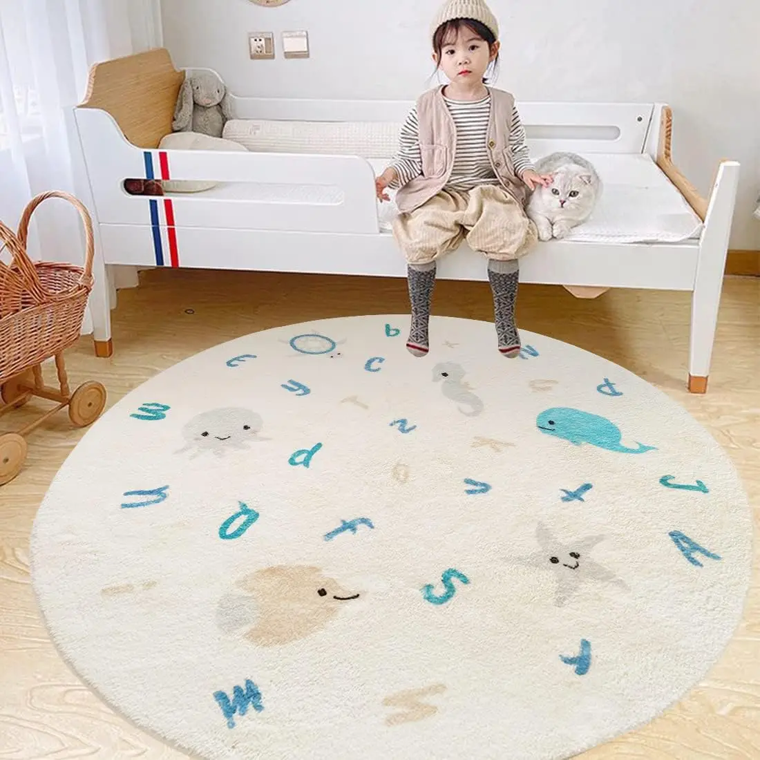 Kid Rugs Animal Play Rug Large Round Lion Play Mat Soft Alphabet Educational Area Rug Nonslip Circle Baby Crawling Mat for Boys