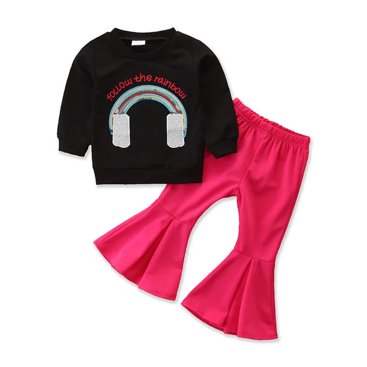 
Spring Autumn Kids Girl Clothes Black rainbow sweatshirts + ruffle pants 2pcs fashion girl clothing set 