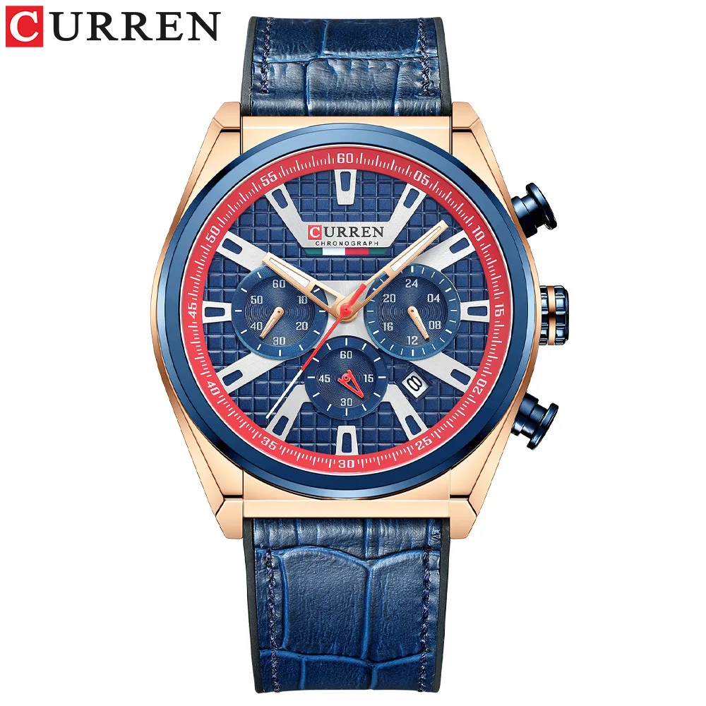 CURREN 8392 Men Casual Watch Date Chronograph 24 Hours Display Leather Strap Quartz Watch