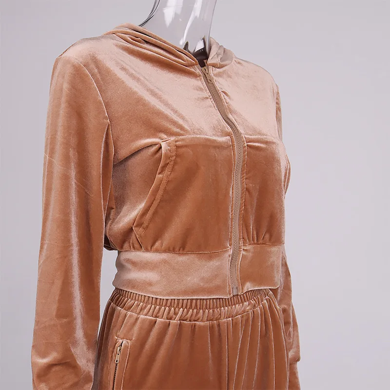 2022 Wholesale custom crop top long pants velvet sweat suits sweatsuit sets 2 piece velour tracksuit for women