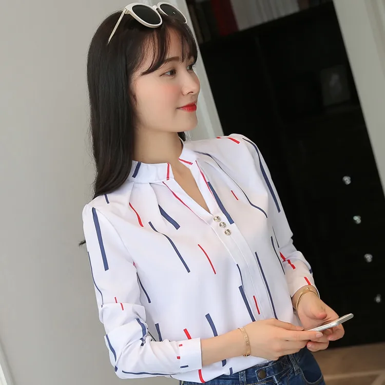 Элегантная рубашка с принтом женские весенние Осенние Топы офисная корейская мода тонкая белая шифоновая блузка Рубашки с длинным рукавом Блузы