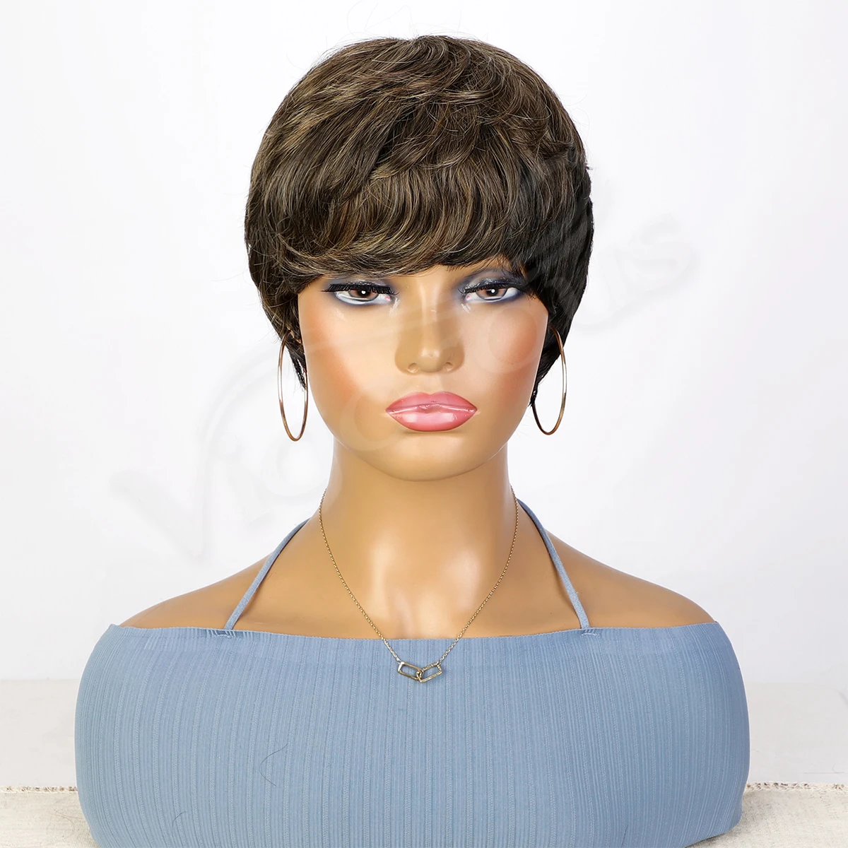 Vigorous Pixie Cut Wigs Synthetic Short Pixie Haircut Wig with Bangs Glueless Wavy Layered Heat Resistant Wig for Black Women