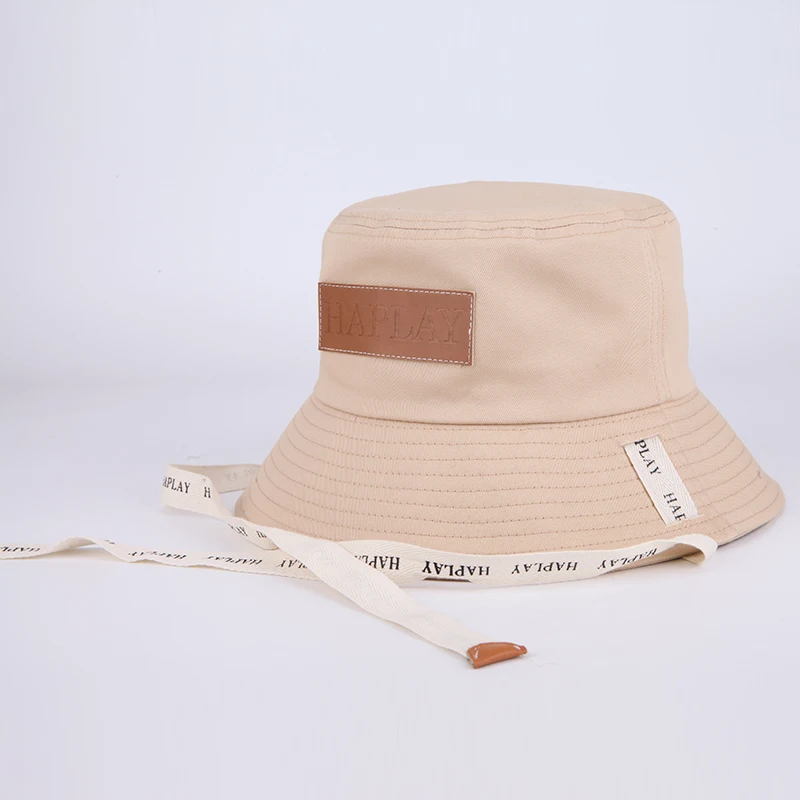 Custom leather patch outdoor fashion fisherman cap wholesale plain bucket hat with string