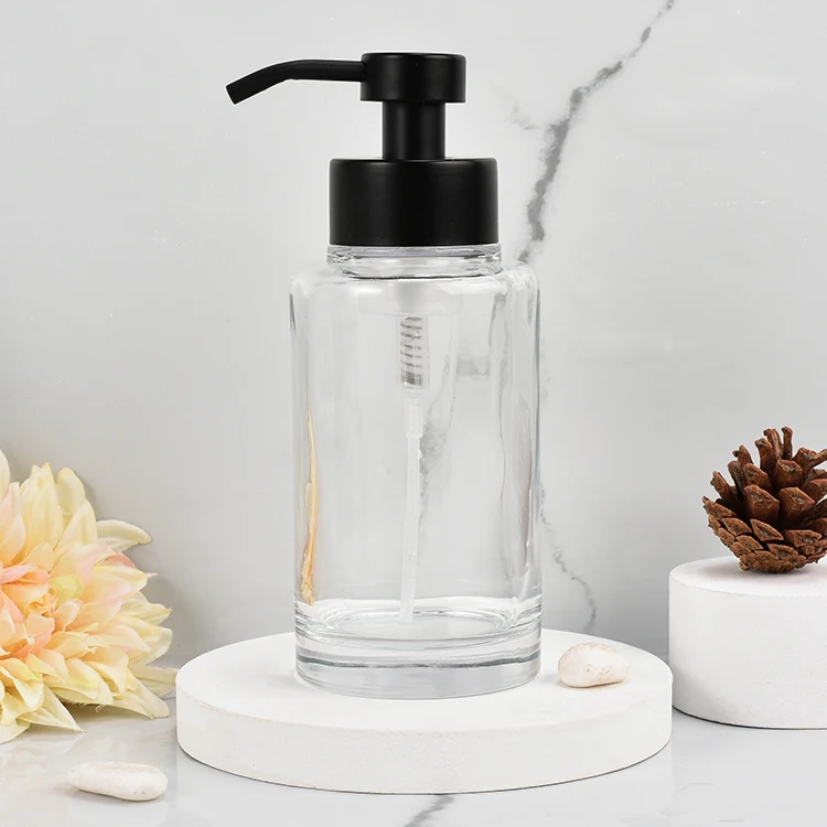 380ml Simple Design Straight Cylindrical Clear Hand-made Glass Foaming Soap Dispenser with Stainless Steel Lotion Pump