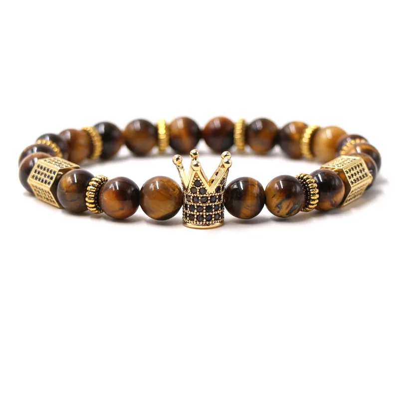 Classic Micro Pave CZ Crown Charm Bracelet For Women Natural Tiger eye Howlite Stone Bracelet For Men Gift Jewelry
