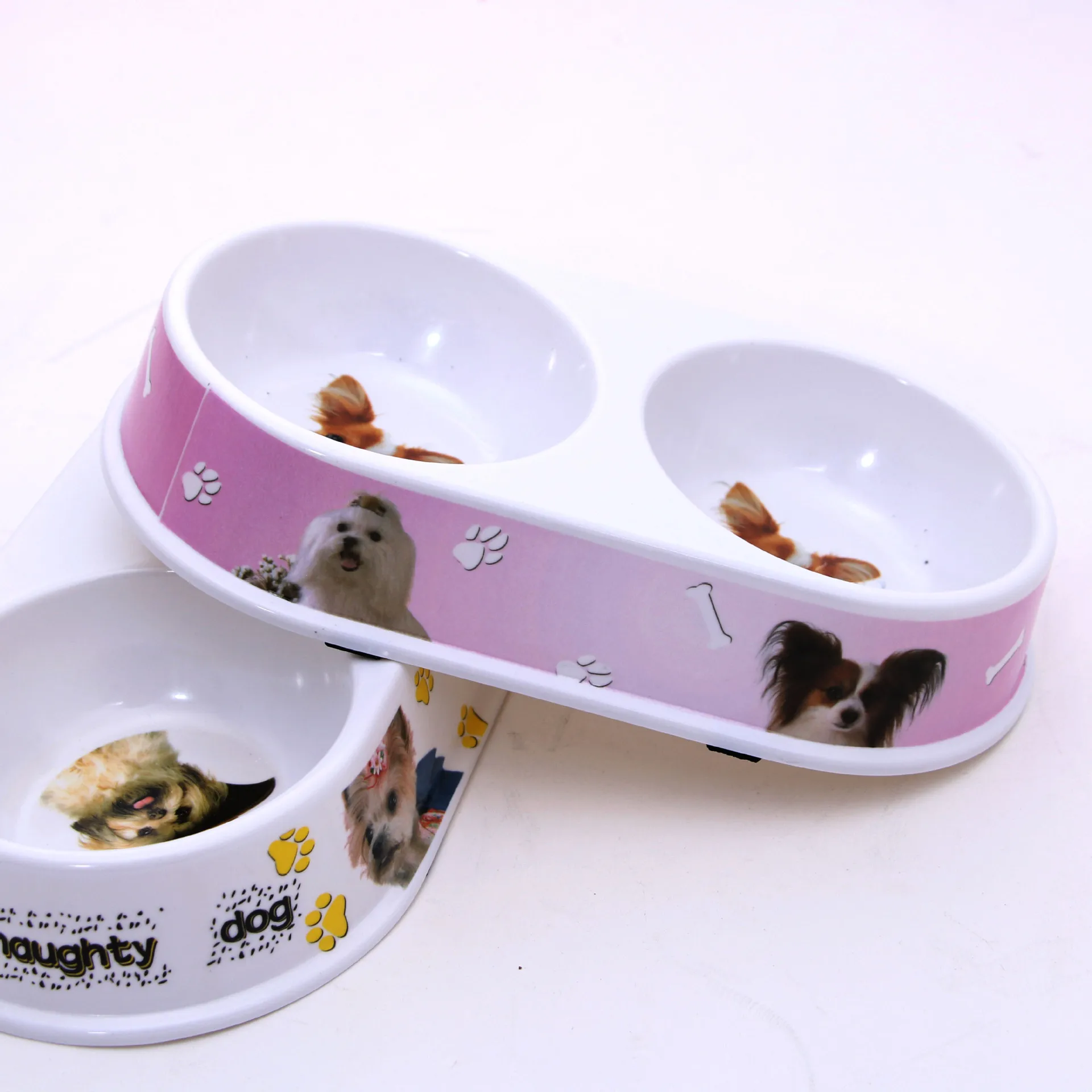 Premium Quality Colorful Melamine Printed  Round Double Dog Bowl Plastic Pet Food Bowl