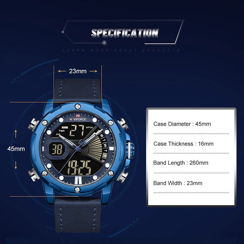 NAVIFORCE 9172L Mens Watches Top Luxury Leather Quartz Wristwatch LED Digital Luminous Waterproof Clock Men Relogio Masculino