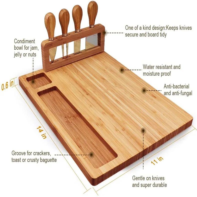 Kitchen Meat Charcuterie Platter Serving Tray wood bamboo cheese board with knife set with 4 stainless steel