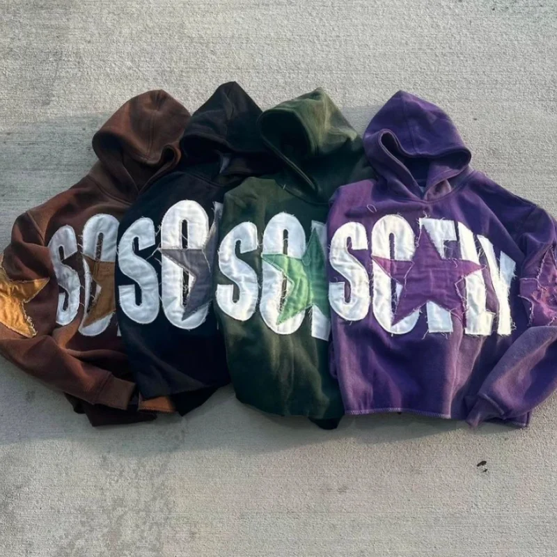 High Quality Custom Distressed Embroidery Patch Cropped Hoodie Men Sun Faded acid Wash Hoodies and Flare Sweat pants Set For Men