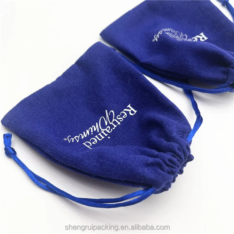 Silver Stamped Logo Soft Blue Cotton Linen Fashion Jewelry Pouch Reusable Linen Gift Packaging Bag For Metal Crafts