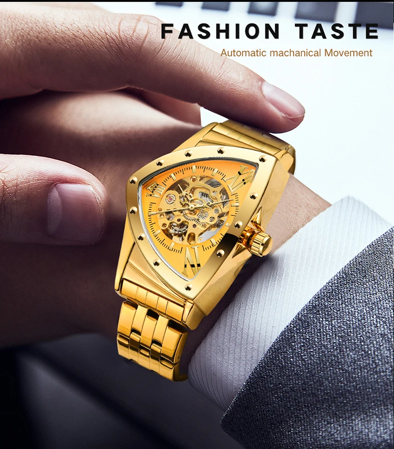 FORSINING 8242 unique China gents mechanism watch exclusive Stainless steel Strap triangle auto skeleton mechanical  wristwatch