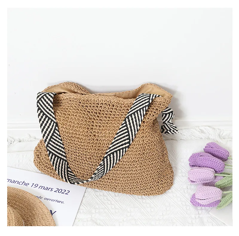 casual beach strap shoulder wear sling bag women straw crochet woven natural straw beach tote handbag with embroider strap