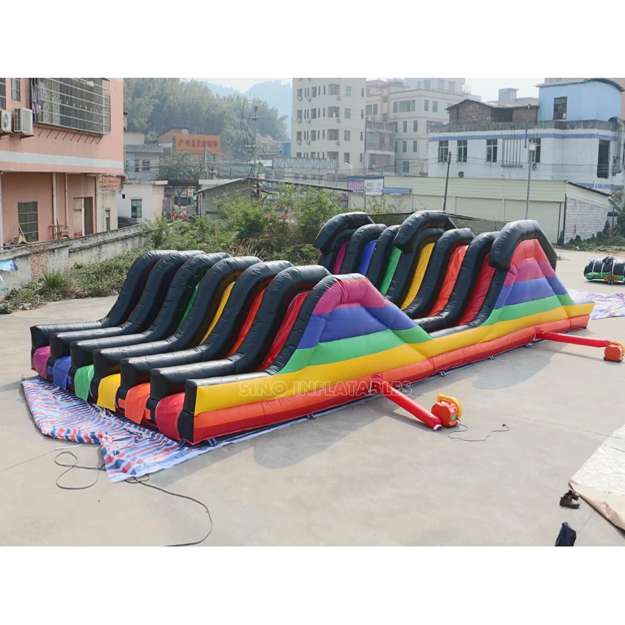 6 lane color run adults inflatable obstacle course with 2 hill slides for outdoor 5K inflatable sports activities
