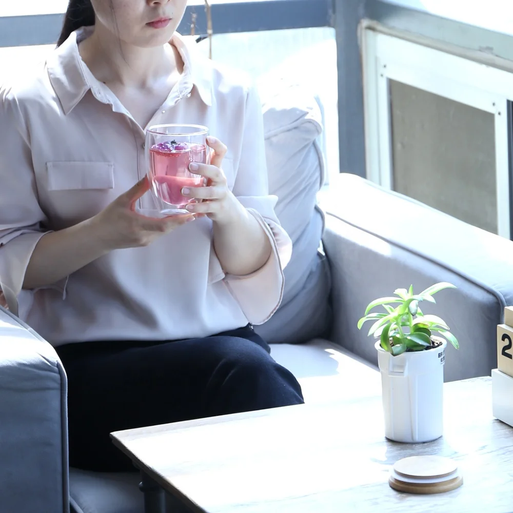 250ml Borosilicate glass cup Double Wall Glasses Tea Glass Cup Coffee Cup with Bamboo lid