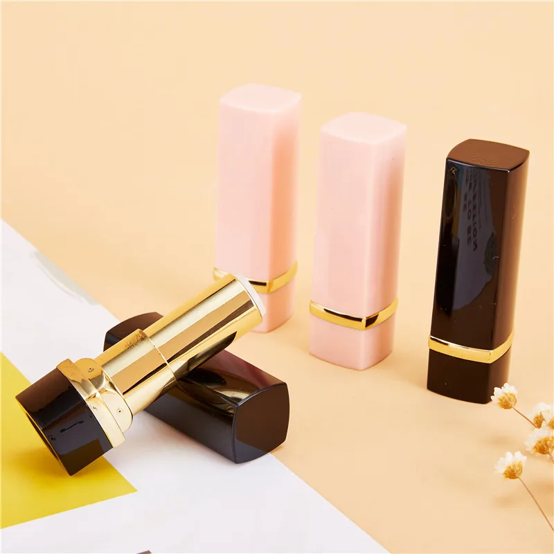 Low moq calibre 12.1mm high-end square bright black pink lipstick tube gold middle ring lip balm tube empty tube empty lipstick