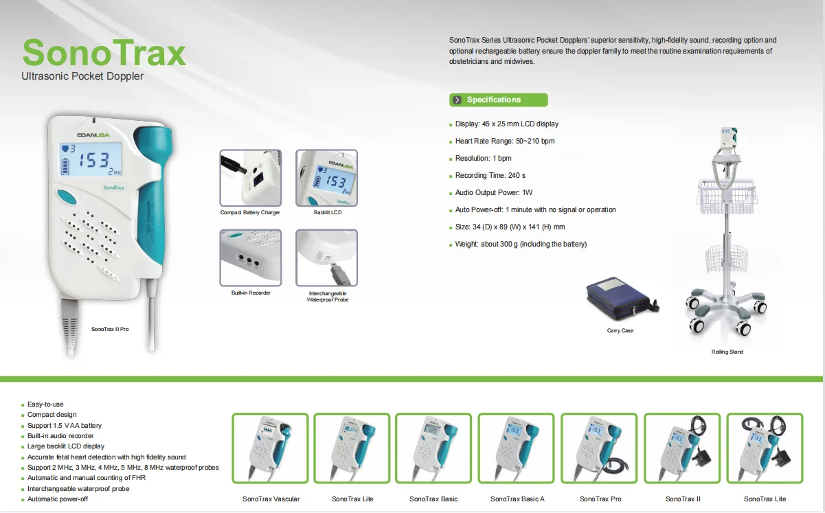 Original Brand New Edan SonoTrax Vascular,Pro,Basic A,Lite,Basic Ultrasonic Pocket Doppler 4MHz Waterproof probe with CE