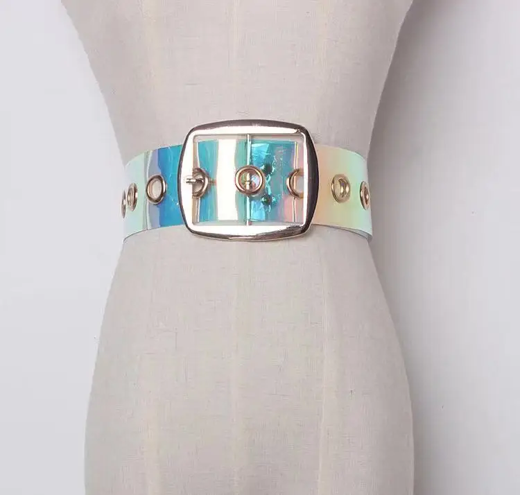 Fashion wide waistband transparent color phantom color gold generous buckle pvc belt ladies plastic belt