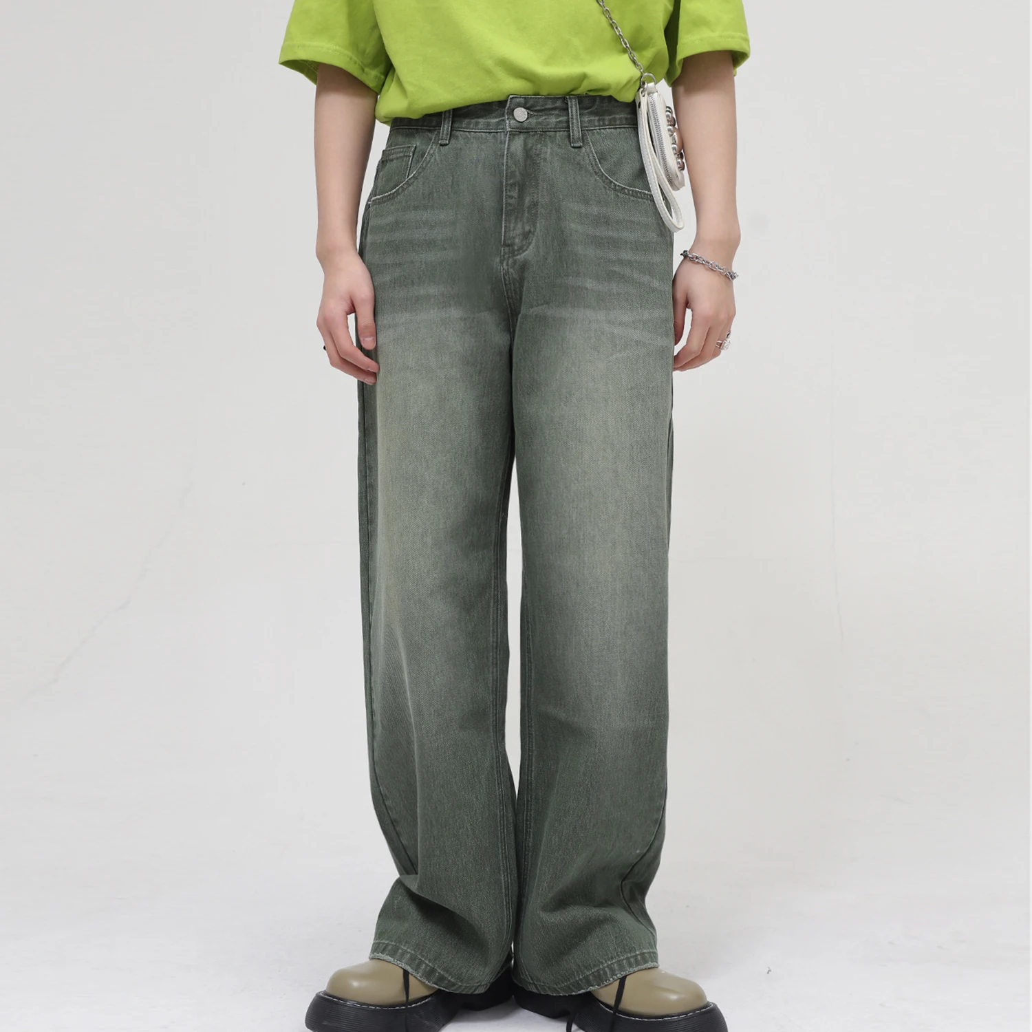 Wide Leg Army Green Vintage Jeans High Waist Retro Stone Washing Plus Size Straight Jeans Men