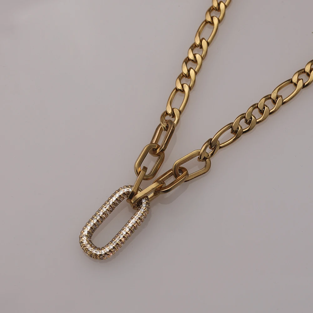 INS Fashion Chunky Chain Paving CZ Stone Pendant Minimalist Necklace 18K Gold Plated Paperclip Chain Carabiner Lock Necklace